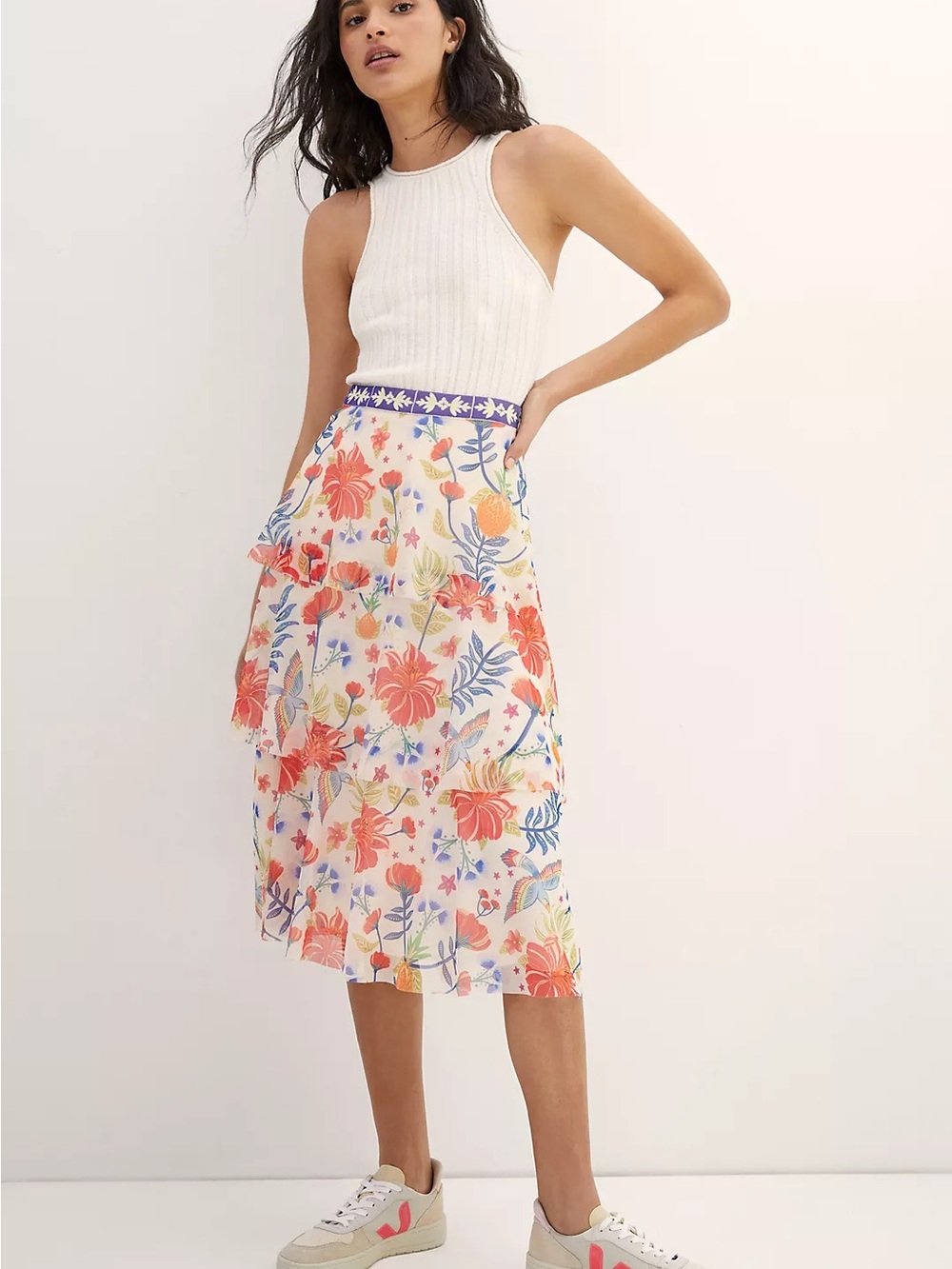 Farm Rio X Anthropologie Tiered Midi Skirt Women Small Cream Tropical Floral NWT